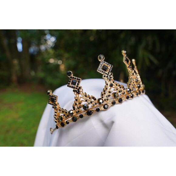 Unisex Vintage Black Gem Gold Tiara Bridal Crown Birthday Wedding Gift Diadem - Picture 4 of 7